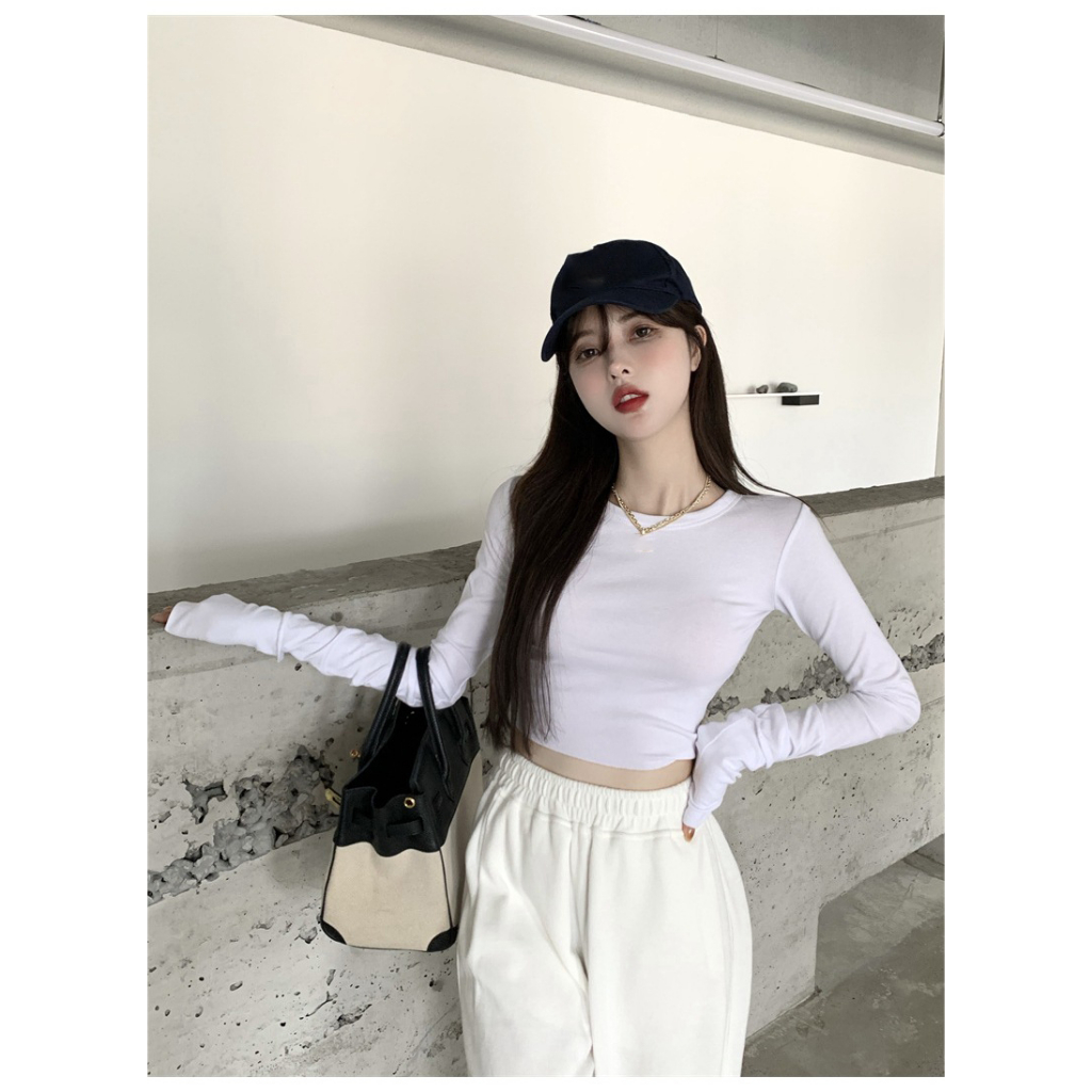 Áo croptop tăm dài tay thu đông cổ tròn trơn basic áo thun nữ thu đông màu đen trắng xám hồng xanh be LD117