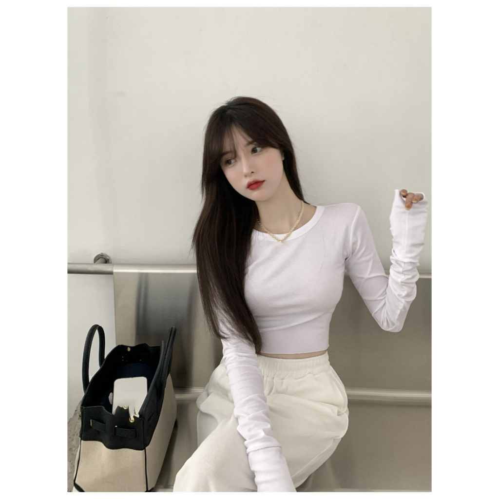 Áo croptop tăm dài tay thu đông cổ tròn trơn basic áo thun nữ thu đông màu đen trắng xám hồng xanh be LD117