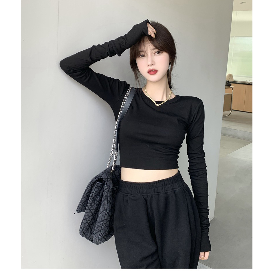 Áo croptop tăm dài tay thu đông cổ tròn trơn basic áo thun nữ thu đông màu đen trắng xám hồng xanh be LD117
