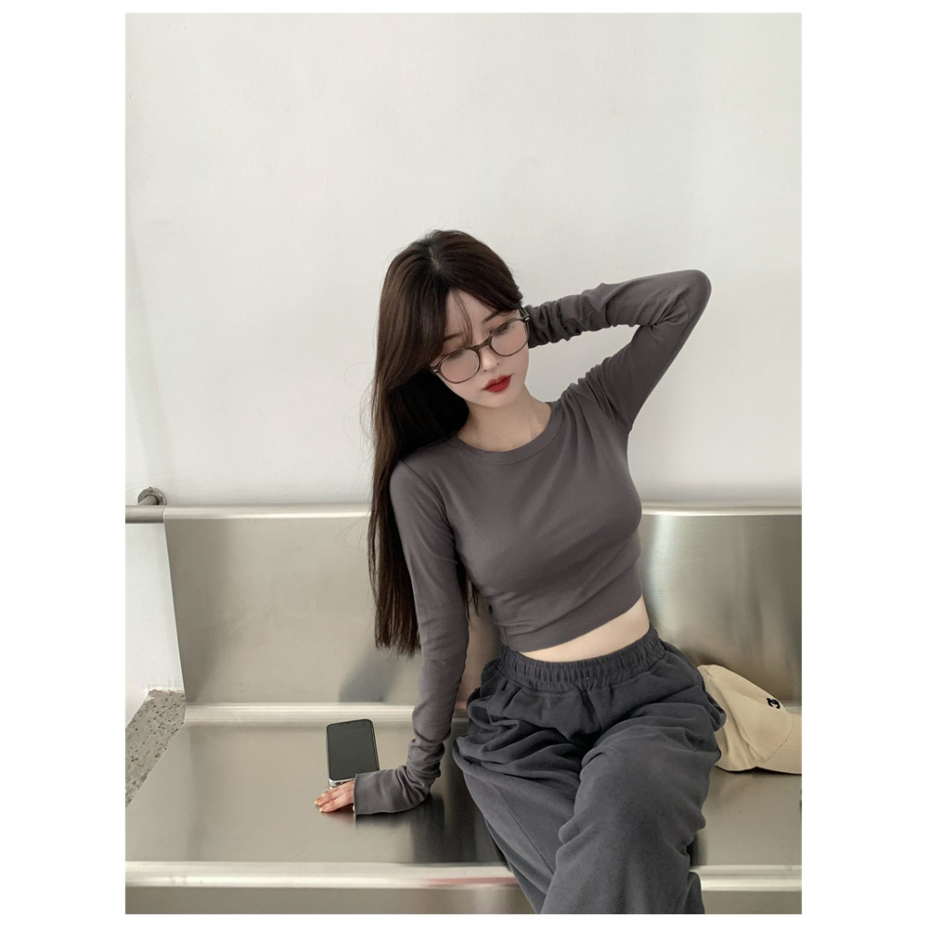 Áo croptop tăm dài tay thu đông cổ tròn trơn basic áo thun nữ thu đông màu đen trắng xám hồng xanh be LD117