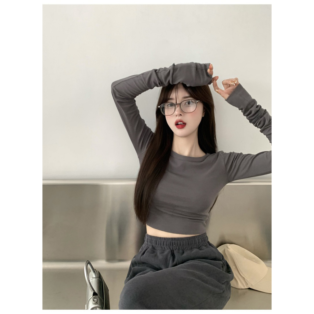 Áo croptop tăm dài tay thu đông cổ tròn trơn basic áo thun nữ thu đông màu đen trắng xám hồng xanh be LD117