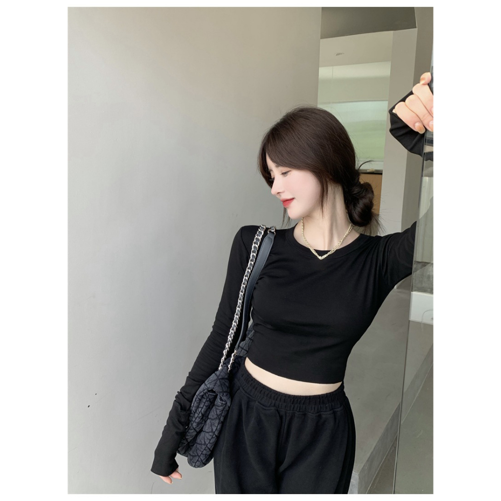 Áo croptop tăm dài tay thu đông cổ tròn trơn basic áo thun nữ thu đông màu đen trắng xám hồng xanh be LD117