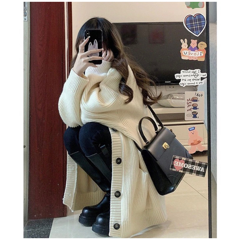 Áo khoác cardigan len nữ dệt kim trơn dài tay cài cúc đen ullzang