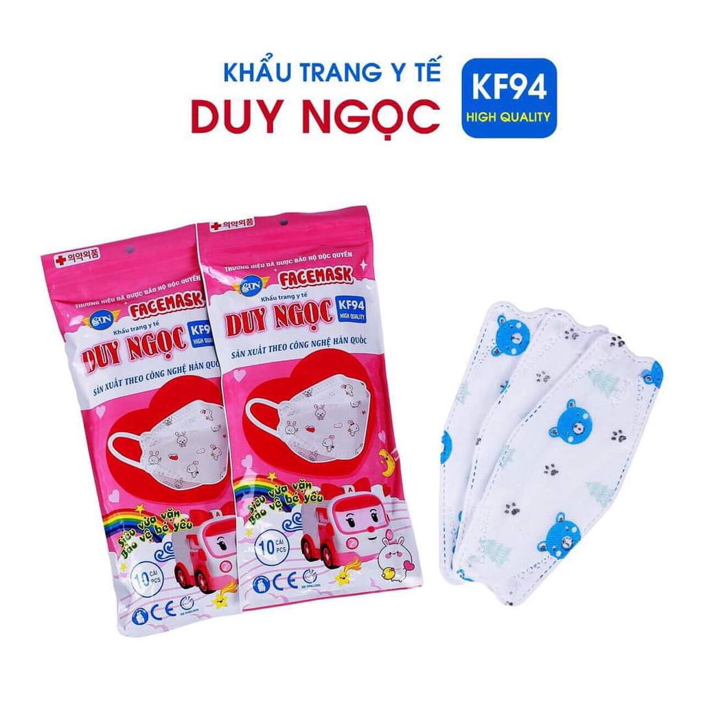 Khẩu trang y tế cho bé 4D KF94 khẩu trang Duy Ngọc cho bé từ 4-10 tuổi( 10 chiếc/ túi)