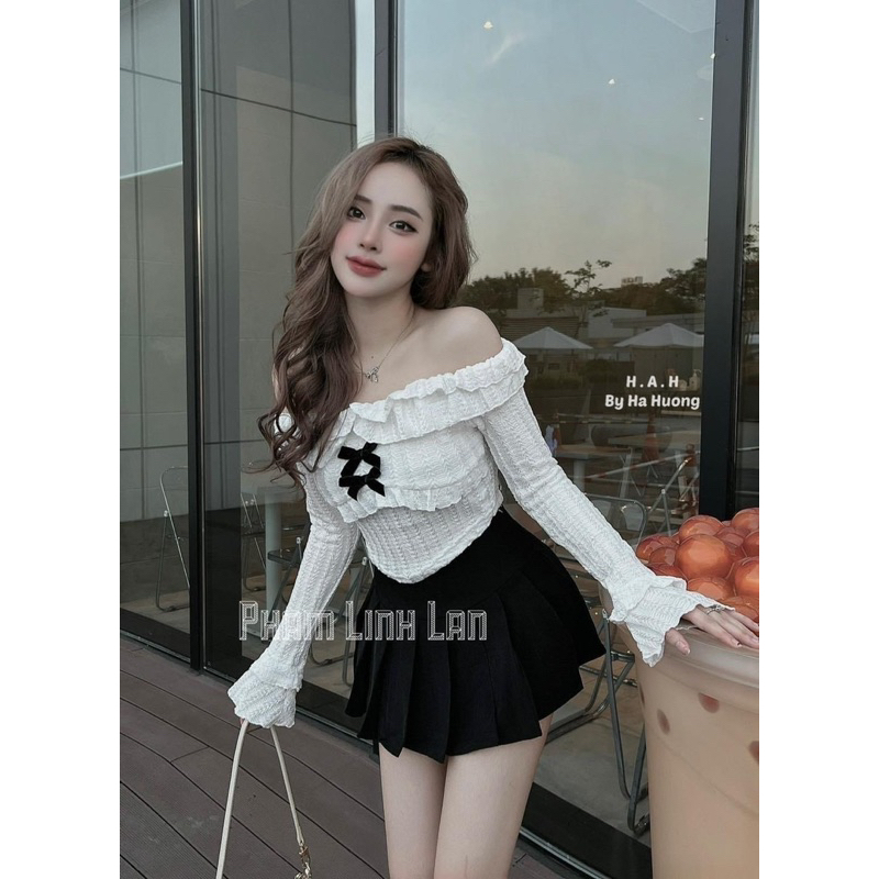 Bộ đầm đi chơi bạn bè áo trễ vai mic chân váy kèm ảnh thật