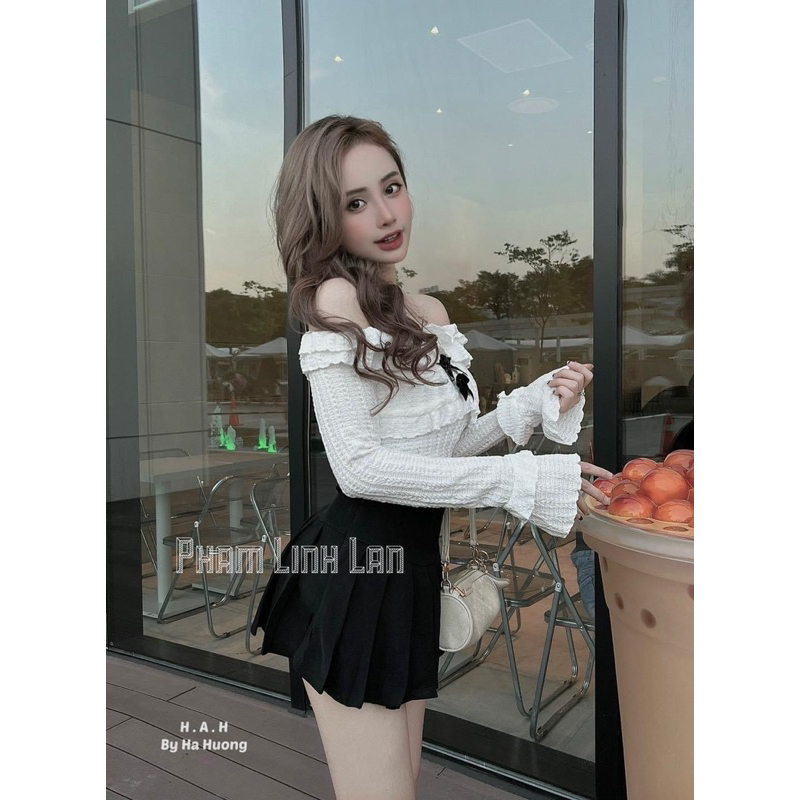 Bộ đầm đi chơi bạn bè áo trễ vai mic chân váy kèm ảnh thật