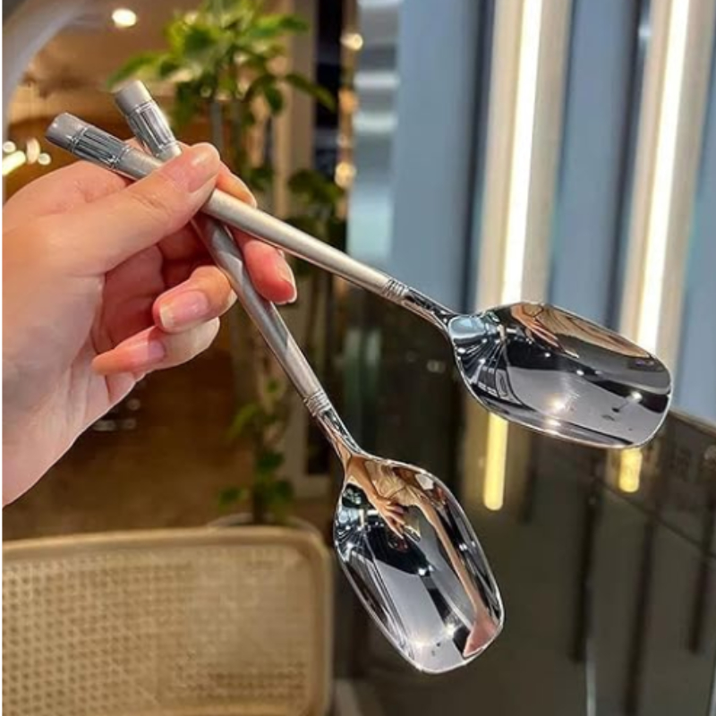Thìa, Muỗng Inox Sáng Bóng Không Gỉ Sét Ăn Cơm, Cháo, Súp Mẫu Mới Cán Dài Đầu Vuông Mạ Vàng Và Bạc Phong Cách Châu Âu