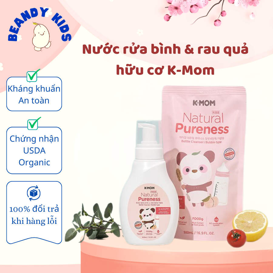 Nước rửa bình & rau quả hữu cơ K-Mom Hàn Quốc dạng chai tạo bọt (500ml) Beandy Kids