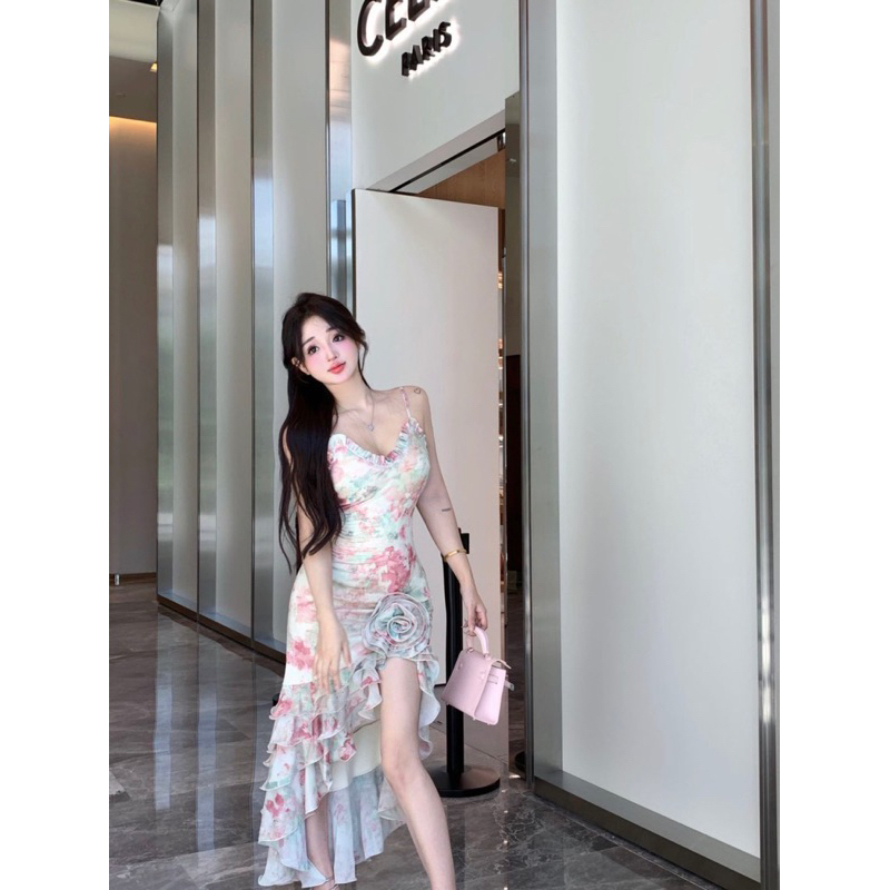 Đầm maxi xoè voan hoa đi biển siêu xinh 2 dây nhún bèo- Free size dưới 54kg - MS56HD