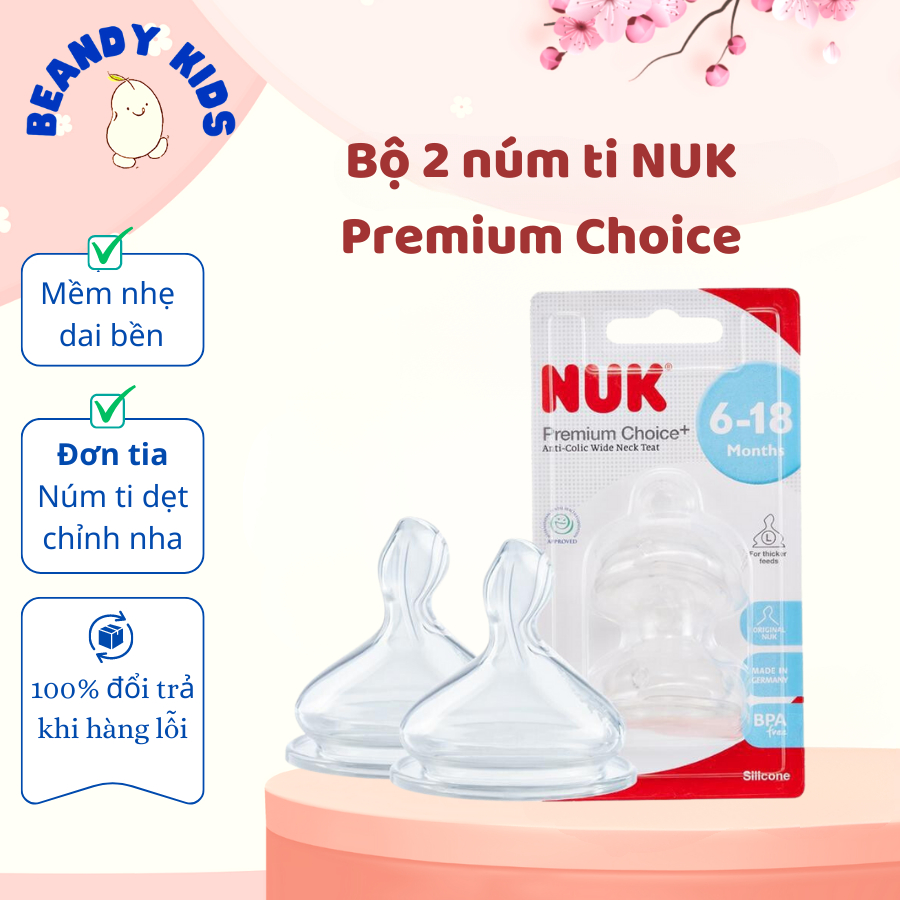 Bộ 2 núm ti NUK Premium Choice Đức chất liệu silicone mềm nhẹ dai bền chống rách, núm dẹt chỉnh nha Beandy Kids