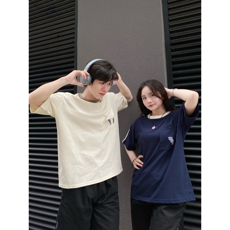 Áo Thun Phối Túi Thêu UTZIE Form Rộng Unisex 100% Cotton Co Giãn 2 Chiều Cho Nam Và Nữ