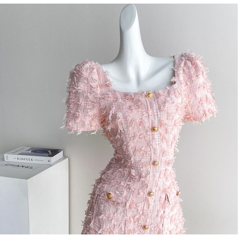 Váy dạ tweed hồng Lông Tua Rua phong cách Hàn Quốc basic