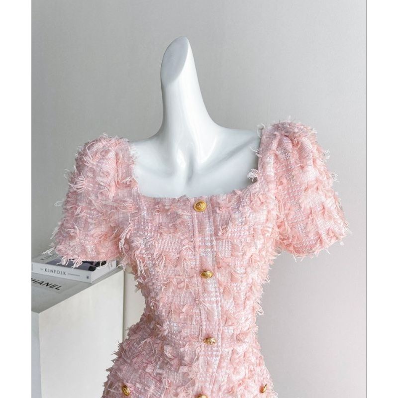 Váy dạ tweed hồng Lông Tua Rua phong cách Hàn Quốc basic