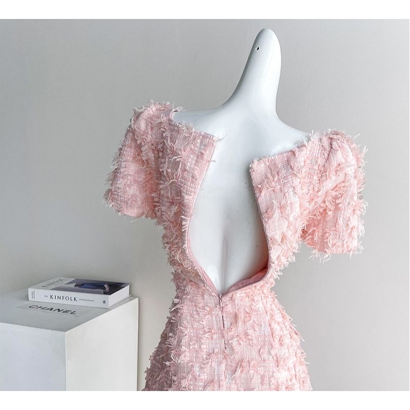 Váy dạ tweed hồng Lông Tua Rua phong cách Hàn Quốc basic