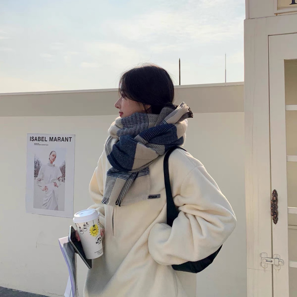 KHĂN CHOÀNG UNISEX MÀU XANH DƯƠNG CARO TO NHỎ MÙA ĐÔNG