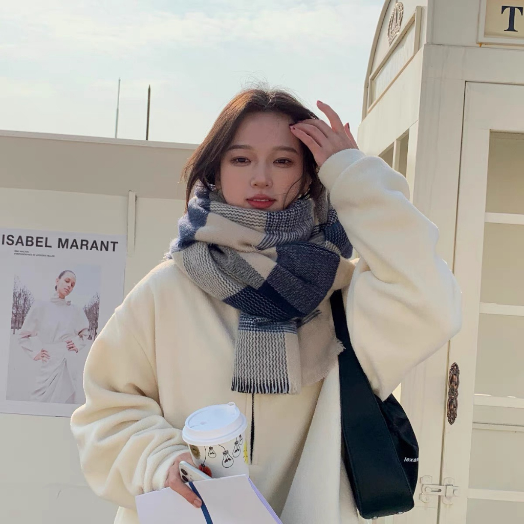 KHĂN CHOÀNG UNISEX MÀU XANH DƯƠNG CARO TO NHỎ MÙA ĐÔNG