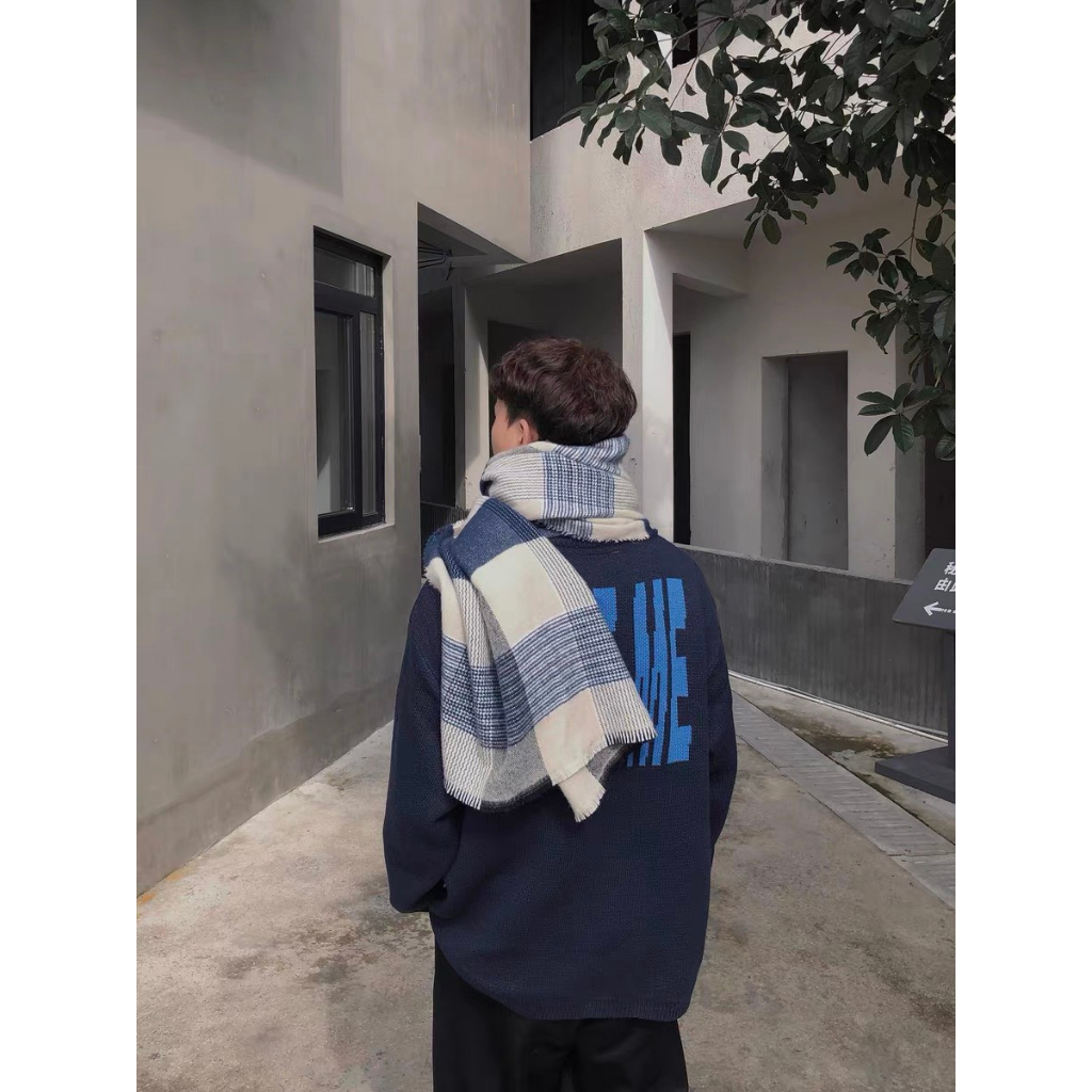 KHĂN CHOÀNG UNISEX MÀU XANH DƯƠNG CARO TO NHỎ MÙA ĐÔNG