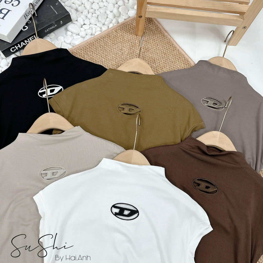 Áo thun cotton cổ cao chữ D trơn 6 màu