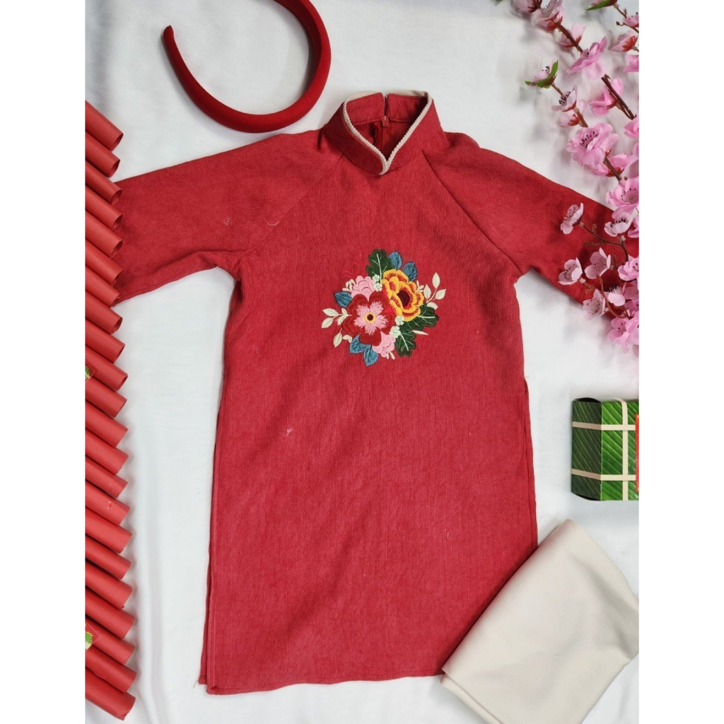 Áo dài bé gái thêu 🔥SALE SỐC🔥 chất liệu nhung liệu nhung tăm họa tiết thêu tỉ mỉ - Áo Dài Cho Bé Baby Store - ADB13