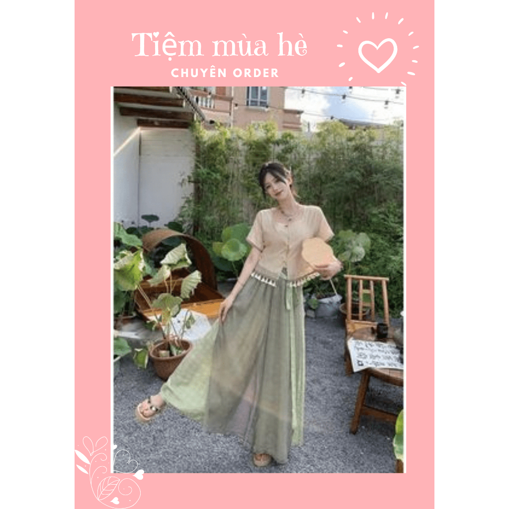 Thiết kế tua rua kiểu Trung Quốc áo sơ mi ngắn tay có quần ống rộng xẻ tà bộ hai mảnh mới mùa hè 2023 cho nữ