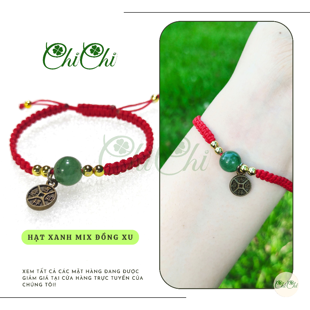 Vòng Tay, Lắc Tay Chỉ Đỏ May Mắn Mặt Đá Xanh Ngọc Mix Đồng T.iền Mạ Đồng - MS007