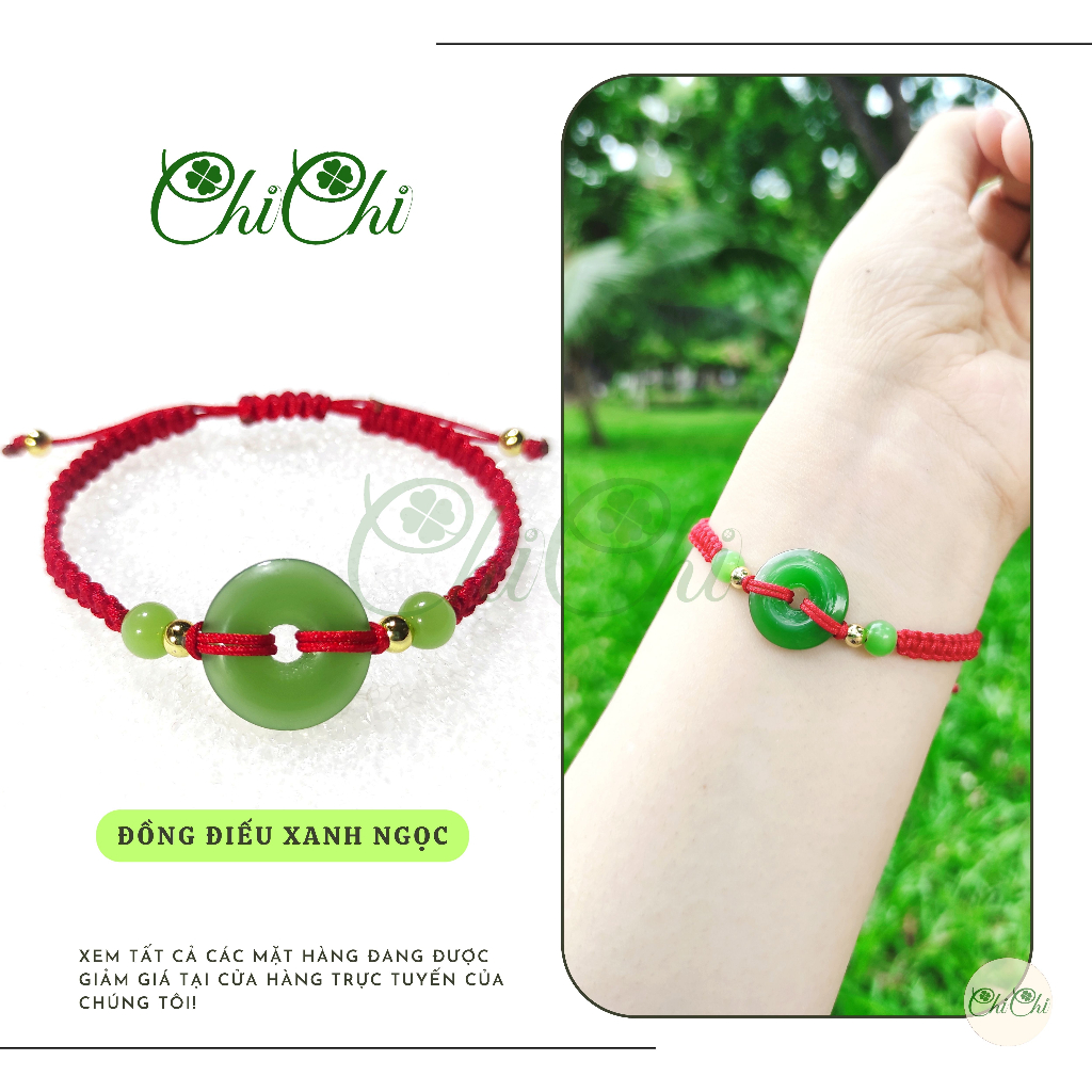Vòng Tay, Lắc Tay Chỉ Đỏ May Mắn Mặt Đá Đồng Điếu Màu Xanh Ngọc - MS006