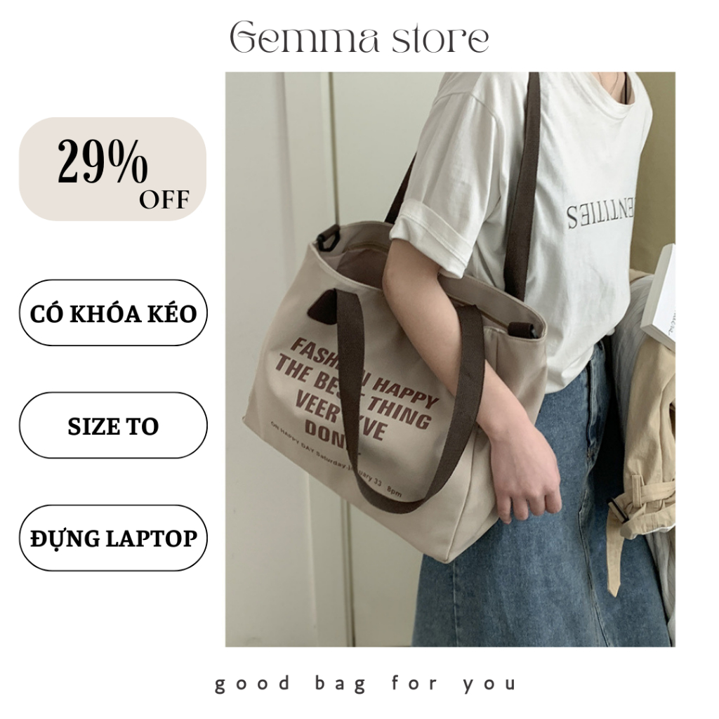 Túi tote túi vải canvas LOẠI 1 quai nâu in chữ quai đeo vai size to đựng đồ quần áo đi học đi chơi vải bố Gemma Store