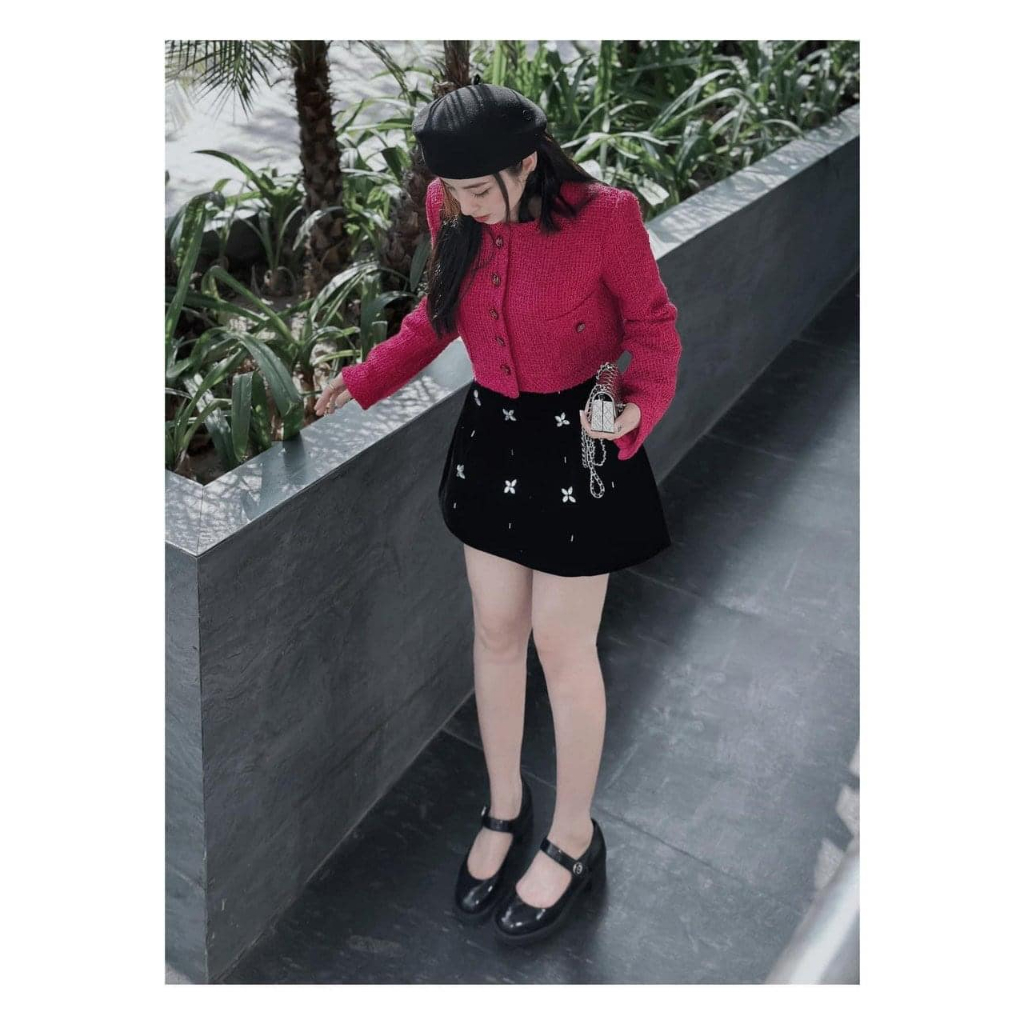 Áo dạ tweed Kim Studio set dạ tweed hồng kèm chân váy nhung đính đá tiểu thư siêu sang chảnh
