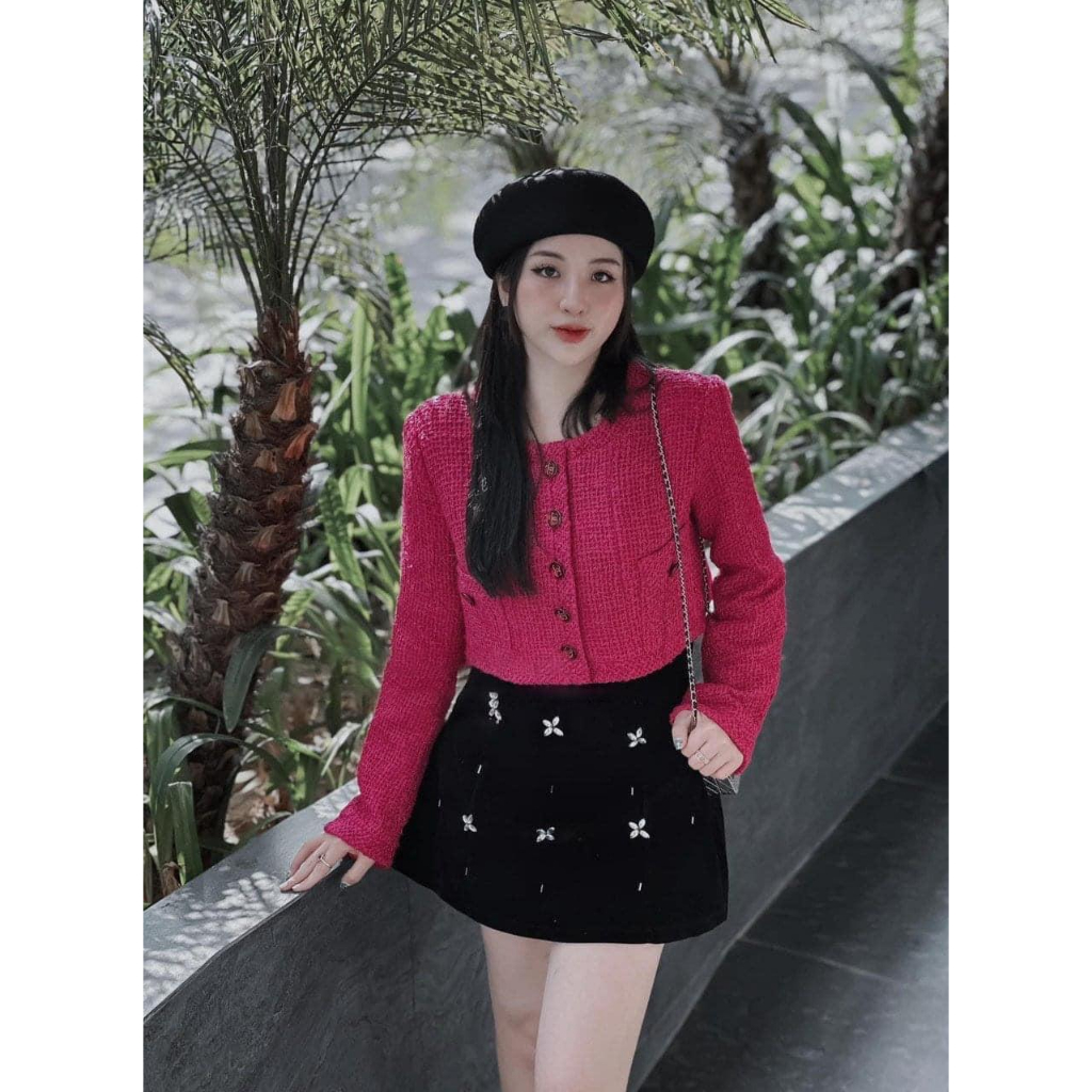 Áo dạ tweed Kim Studio set dạ tweed hồng kèm chân váy nhung đính đá tiểu thư siêu sang chảnh