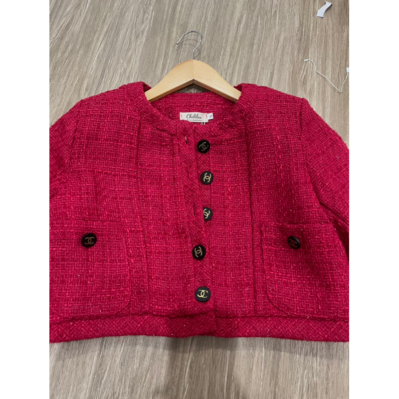 Áo dạ tweed Kim Studio set dạ tweed hồng kèm chân váy nhung đính đá tiểu thư siêu sang chảnh