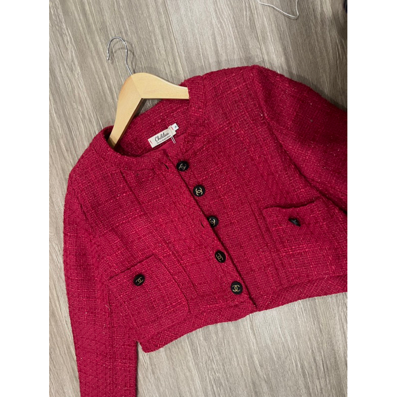 Áo dạ tweed Kim Studio set dạ tweed hồng kèm chân váy nhung đính đá tiểu thư siêu sang chảnh