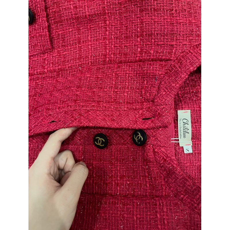 Áo dạ tweed Kim Studio set dạ tweed hồng kèm chân váy nhung đính đá tiểu thư siêu sang chảnh