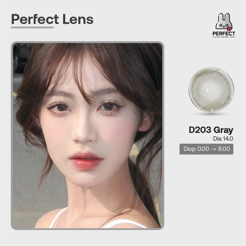 Lens Ảnh Mắt Thật, D203 Gray Perfect Lens, dia 14.0, kính áp tròng xám giãn nhỏ, có độ cận, có viền