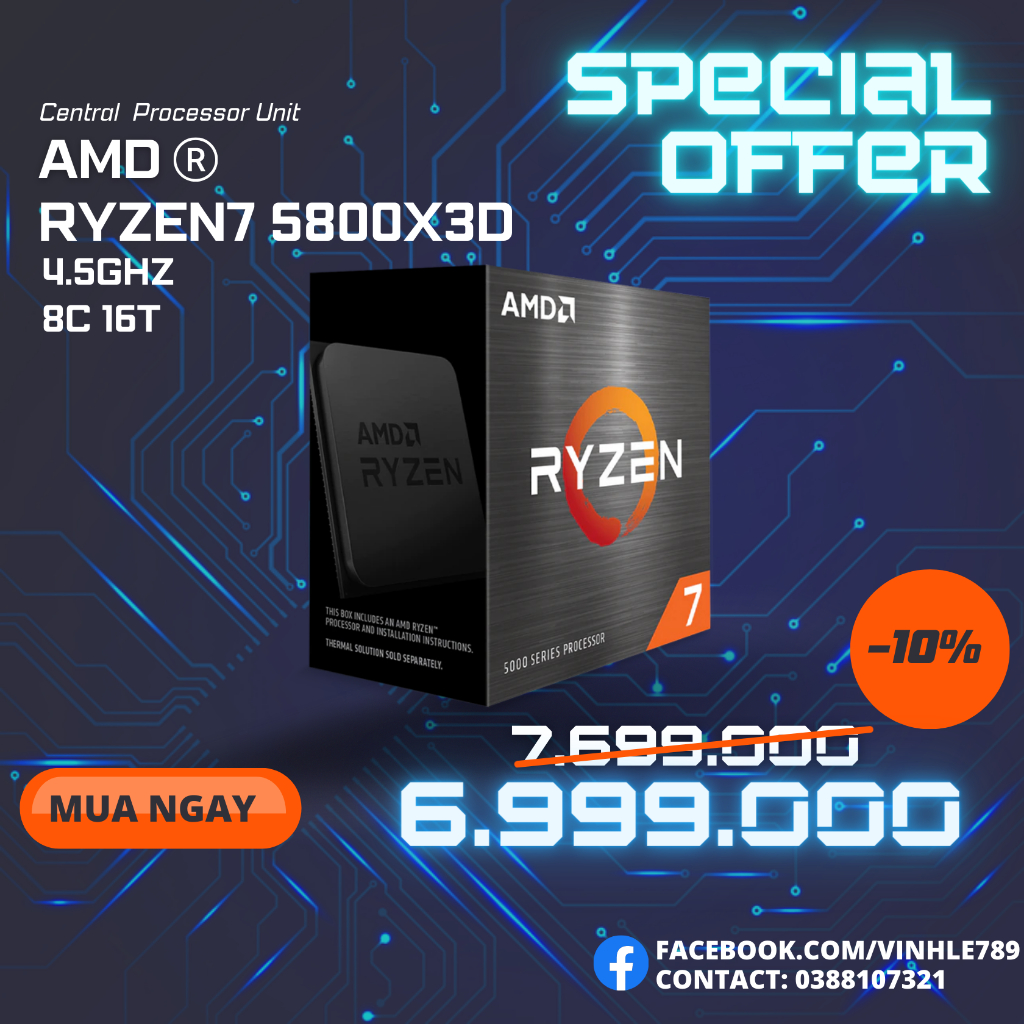 CPU AMD Ryzen 7 5800X3D ( 3.4GHz Boost 4.5GHz / 8 nhân 16 luồng / 96MB / AM4) [NEW] | BigBuy360 - bigbuy360.vn