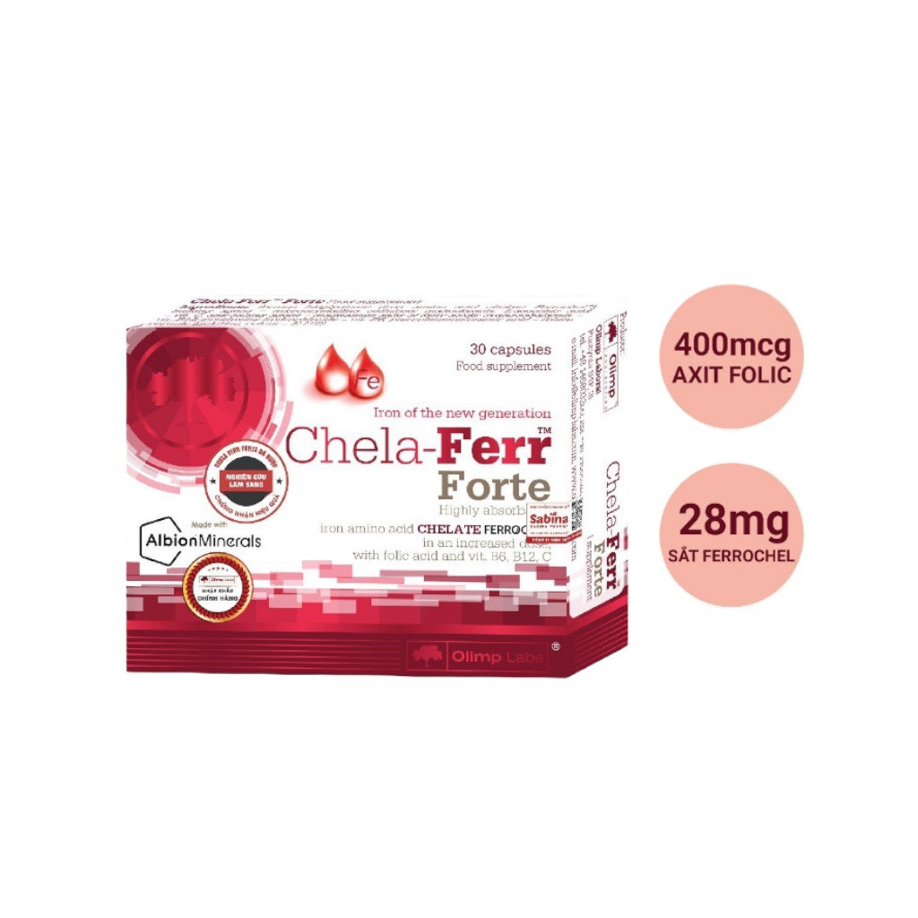 Bác Sĩ Cung Chela-Ferr Forte - Bổ Sung Sắt, Acid folic Cho Bà Bầu, Vitamin B, Vitamin C, Thiếu Máu (Hộp 30 Viên)