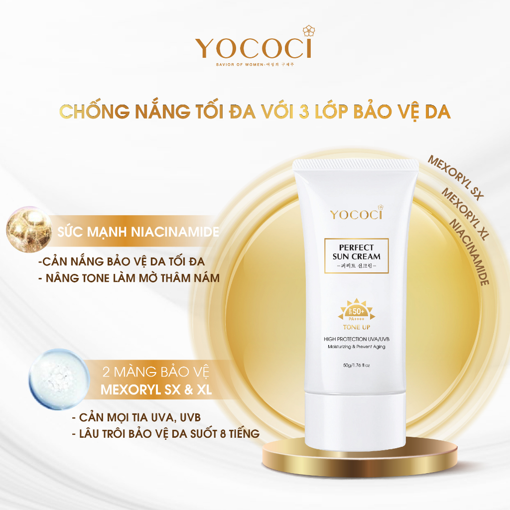 Kem chống nắng da mặt cao cấp Yococi Perfect Sun Cream SPF50+ PA++++ chống nắng toàn diện, ngăn ánh sáng xanh 50g