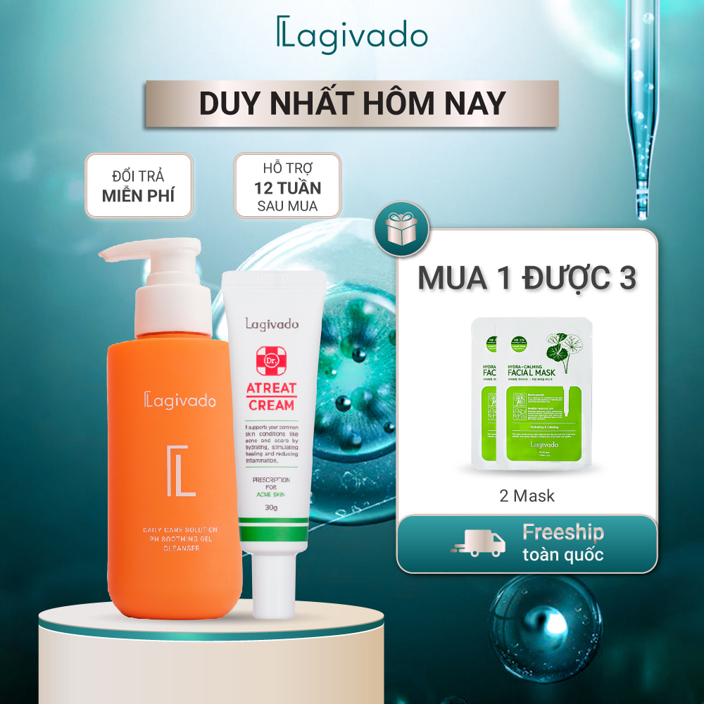 Bộ sản phẩm giảm mụn, mờ sẹo rỗ Lagivado gồm Atreat Cream 30 ml và PH Soothing Gel 200 ml