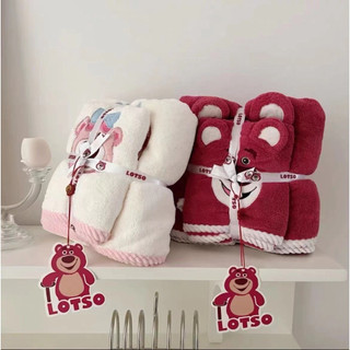 Set 2 khăn tắm gấu dâu LOSTO siêu mềm mịn thấm hút tốt kèm túi Zip - Bộ 2 món khăn mặt & khăn tắm Hàn Quốc hình gấu hồng