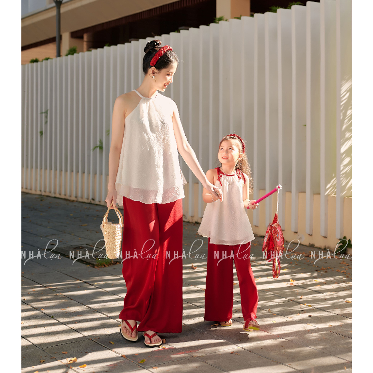 Set đồ đôi mẹ và bé gái Như Nguyệt quần ống rộng lụa NHÀ LỤA sang chảnh đi chơi đi du lịch đi biển thu đông
