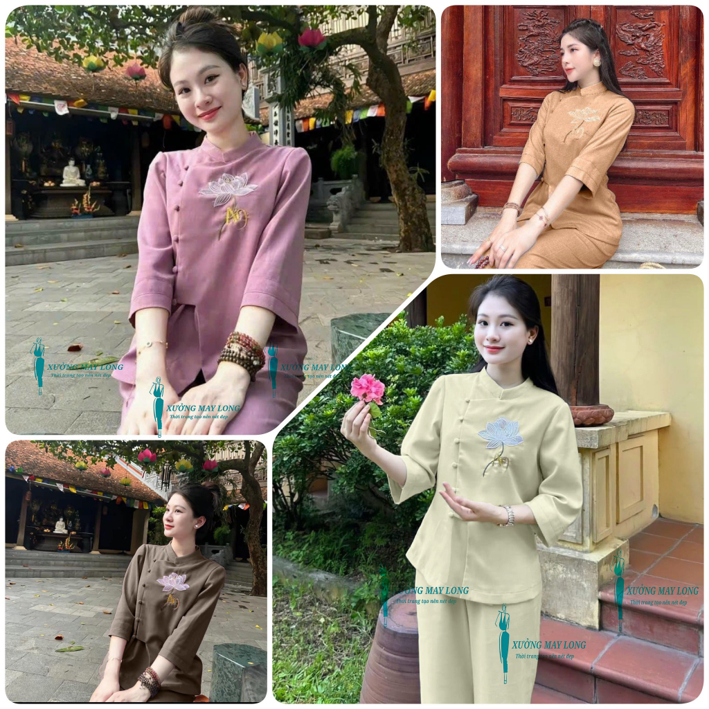 Đồ lam đi Chùa nữ  sét bộ đồ pháp phục cổ tàu thêu hoa sen nút gài sét áo tràng