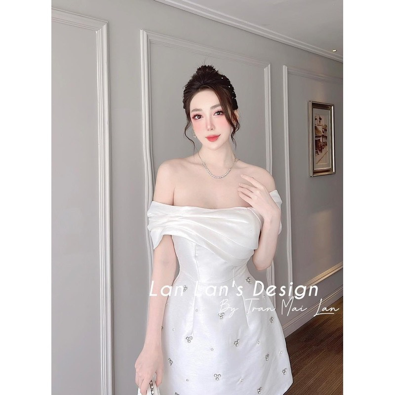 Đầm trễ vai dự tiệc, đầm váy tafta đính đá 3 màu hồng, trắng, đen HÀNG LOẠI 1- có sẵn mút ngực cho nàng đi cưới, đi choi