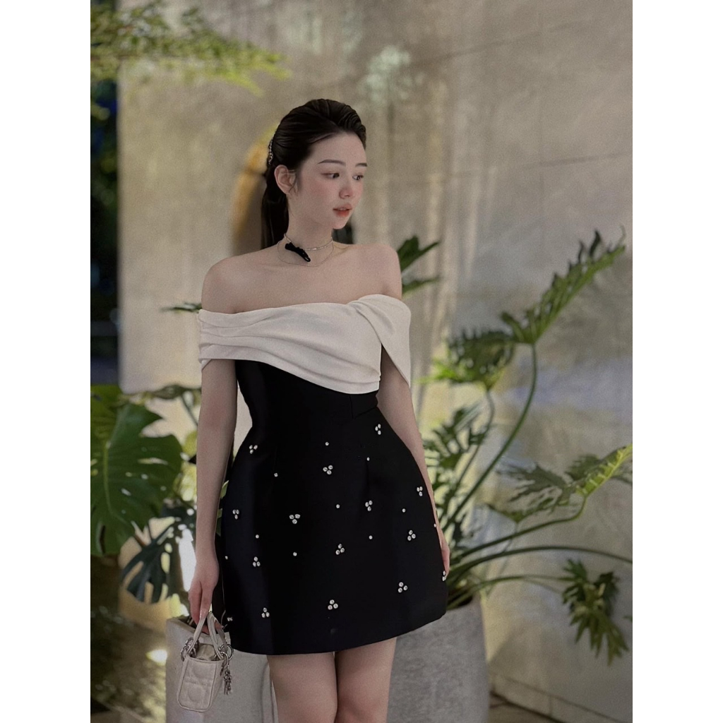 Đầm trễ vai dự tiệc, đầm váy tafta đính đá 3 màu hồng, trắng, đen HÀNG LOẠI 1- có sẵn mút ngực cho nàng đi cưới, đi choi