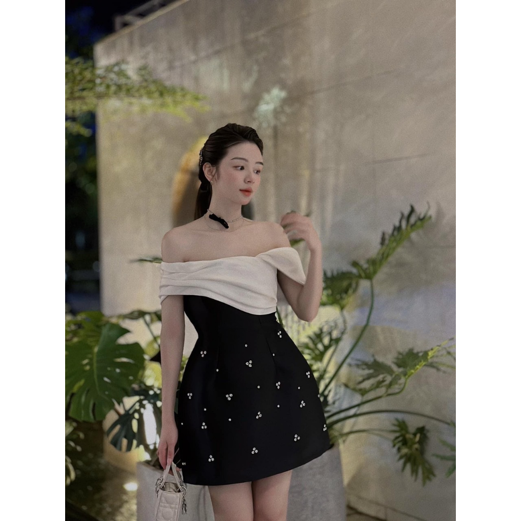 Đầm trễ vai dự tiệc, đầm váy tafta đính đá 3 màu hồng, trắng, đen HÀNG LOẠI 1- có sẵn mút ngực cho nàng đi cưới, đi choi