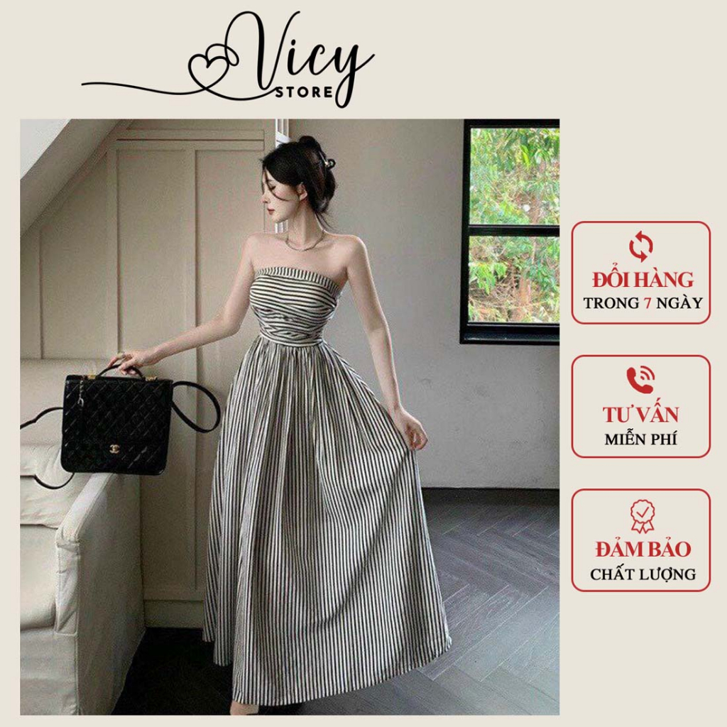 Đầm cúp ngực tiểu thư họa tiết sọc dễ thương, đầm dài thời trang phong cách sang chảnh dễ thương Vicy MXHTI03