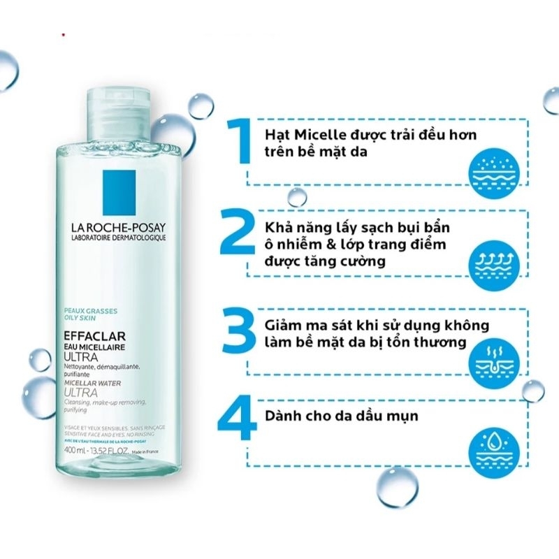 Nước làm sạch sâu và tẩy trang dành cho da mụn, da dầu nhạy cảm La Roche-Posay Effaclar Micellar Water 400ml