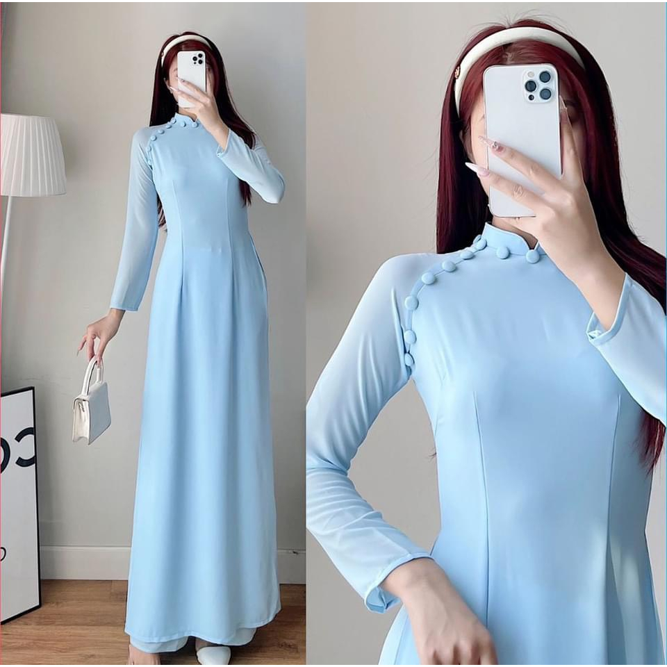 Áo dài truyền thống thiết kế cúc bọc lụa cao cấp