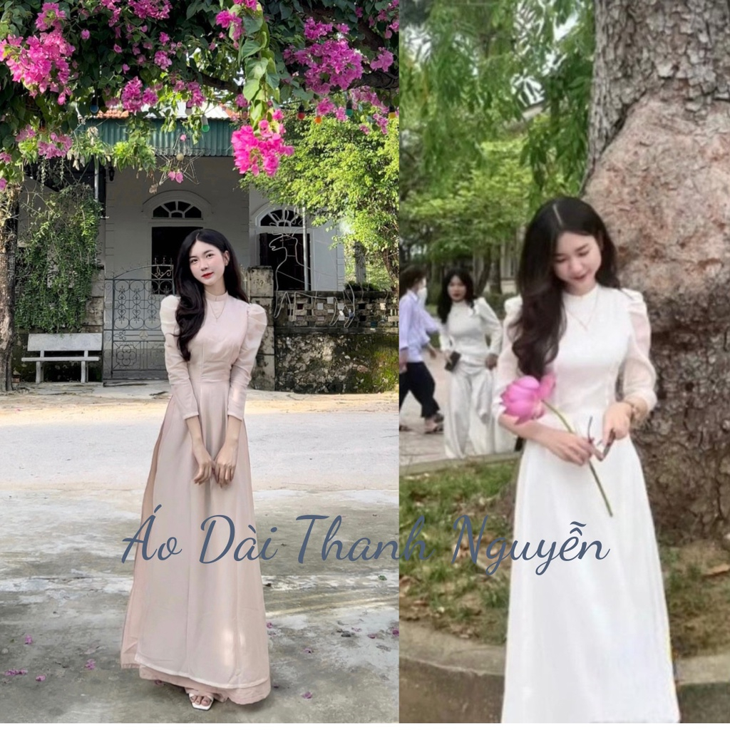 Áo dài học sinh tay bồng , Áo dài voan tơ mền 4 tà may sẵn