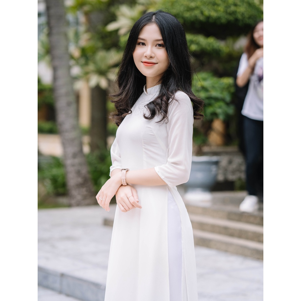 Áo dài trắng 4 tà truyền thống cổ V mỏng nhẹ nhiều size không xuyên thấu, học sinh đi học trẻ trung