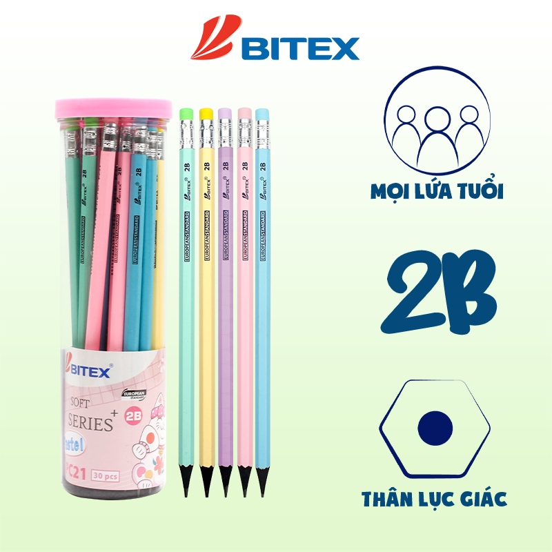 Combo 3/5 Bút chì đen 2B Bitex Pastel PC21 thân lục giác