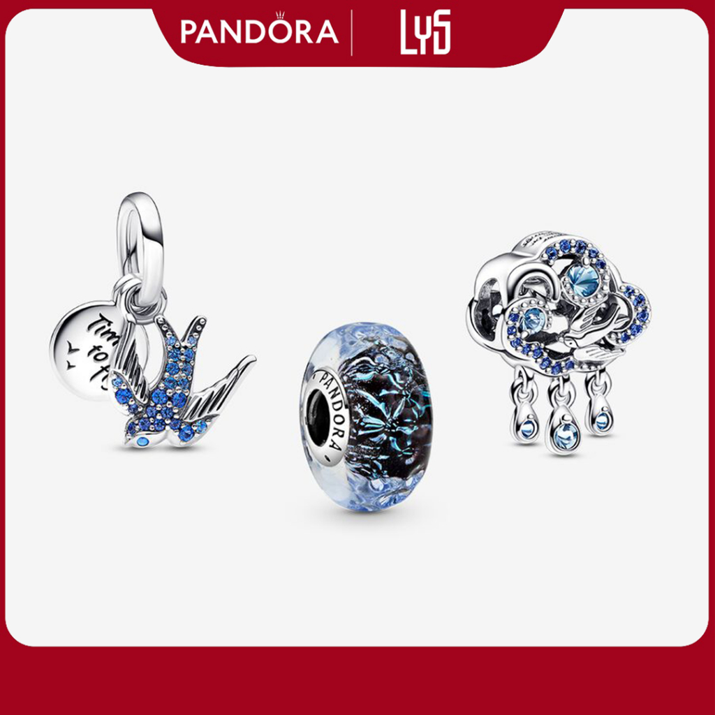 Charm bạc S925 Padora đính đá xanh lấp lánh phong cách Vintage
